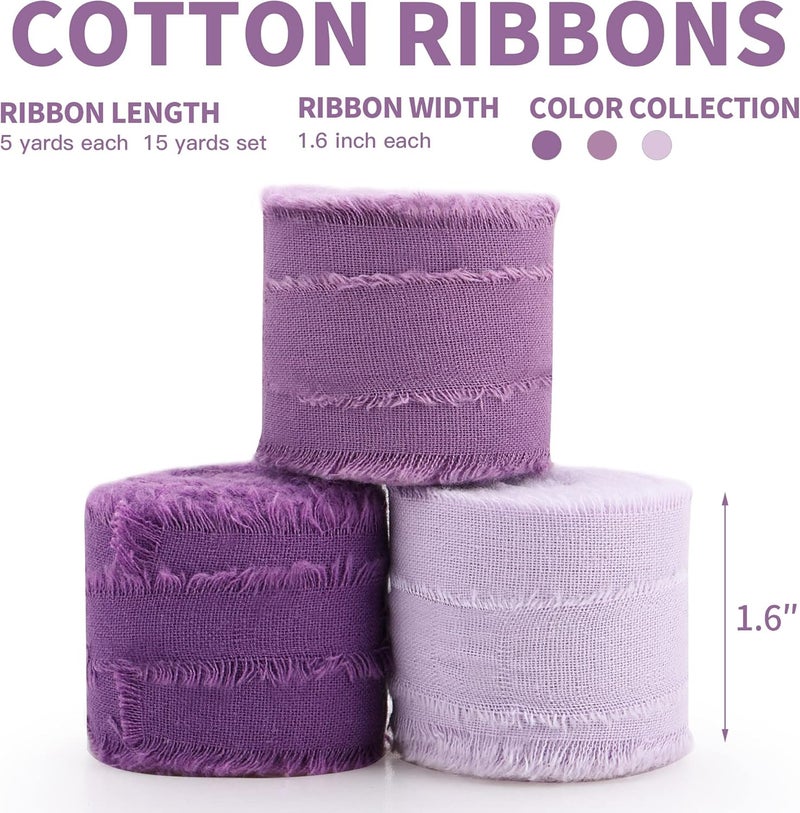 Keypan Purple Ribbon 1-1/2 x 15 Yards Handmade Cotton Frayed Fringe Fabric Ribbons for Crafts Flower Bouquets Wedding Baby Shower Home DIY Decor - Image 2